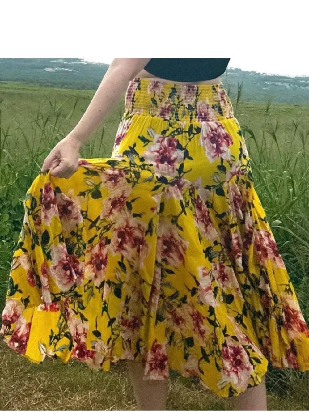 Chelsea & Theodore Yellow Floral Smocked Waist Midi Skirt